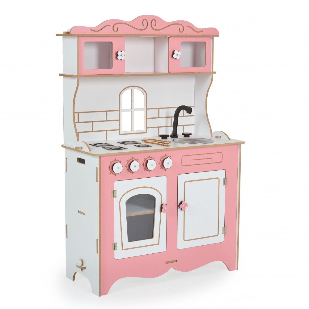 Η φωτογραφία δείχνει Το ξύλινο σετ κουζίνας Rosy είναι ένα υπέροχο δώρο για τους νεότερους σεφ, που γνωρίζουν τον κόσμο της μαγειρικής.