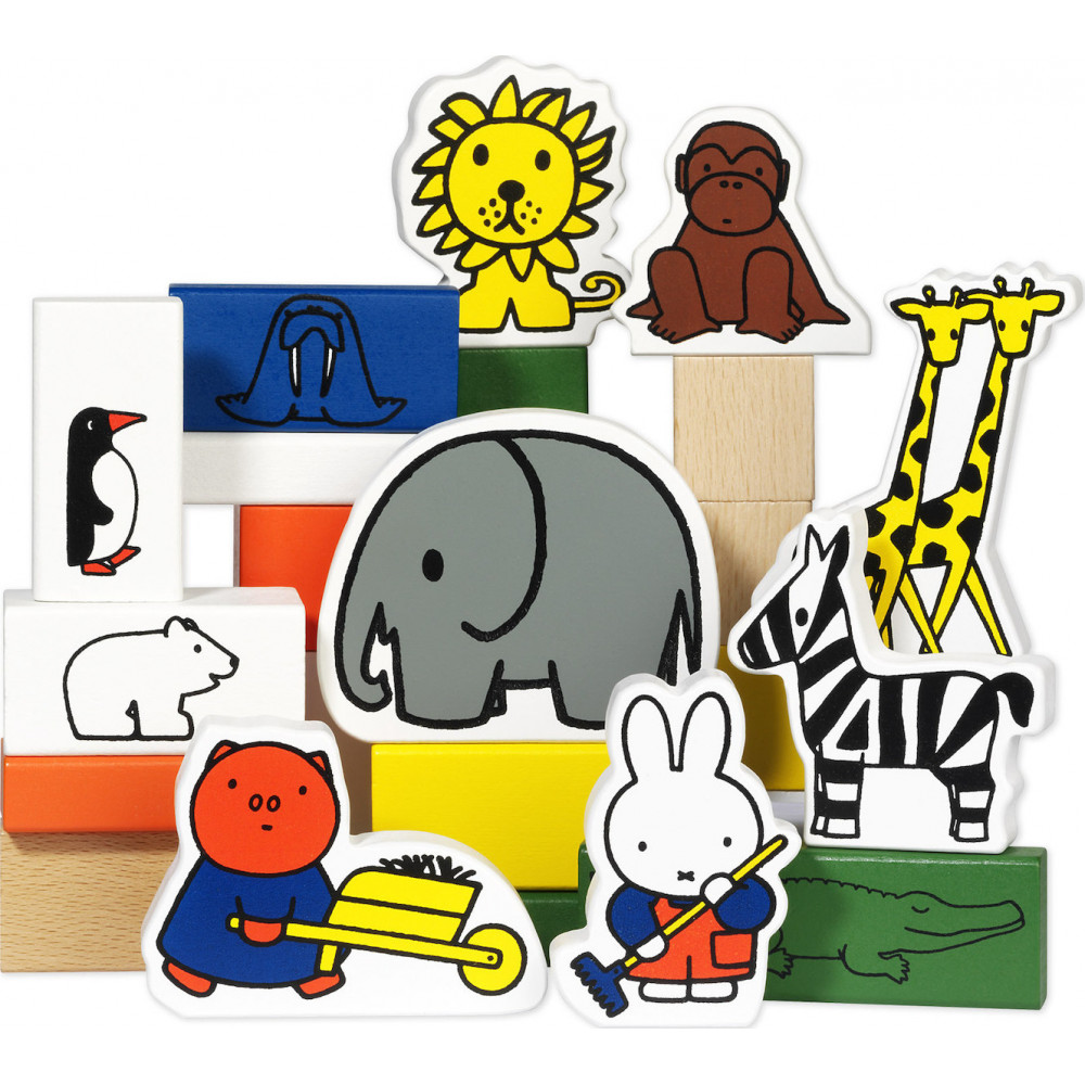 Σετ ξύλινα τουβλάκια και φιγούρες της εταιρείας Miffy με θέμα τον ζωολογικό κήπο σε πολύχρωμες αποχρώσεις.
