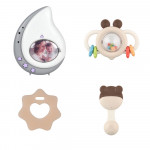 Η φωτογραφία δείχνει – Το σετ διαθέτει λάμπα νυκτός, μασητικά και κουδουνίστρες.