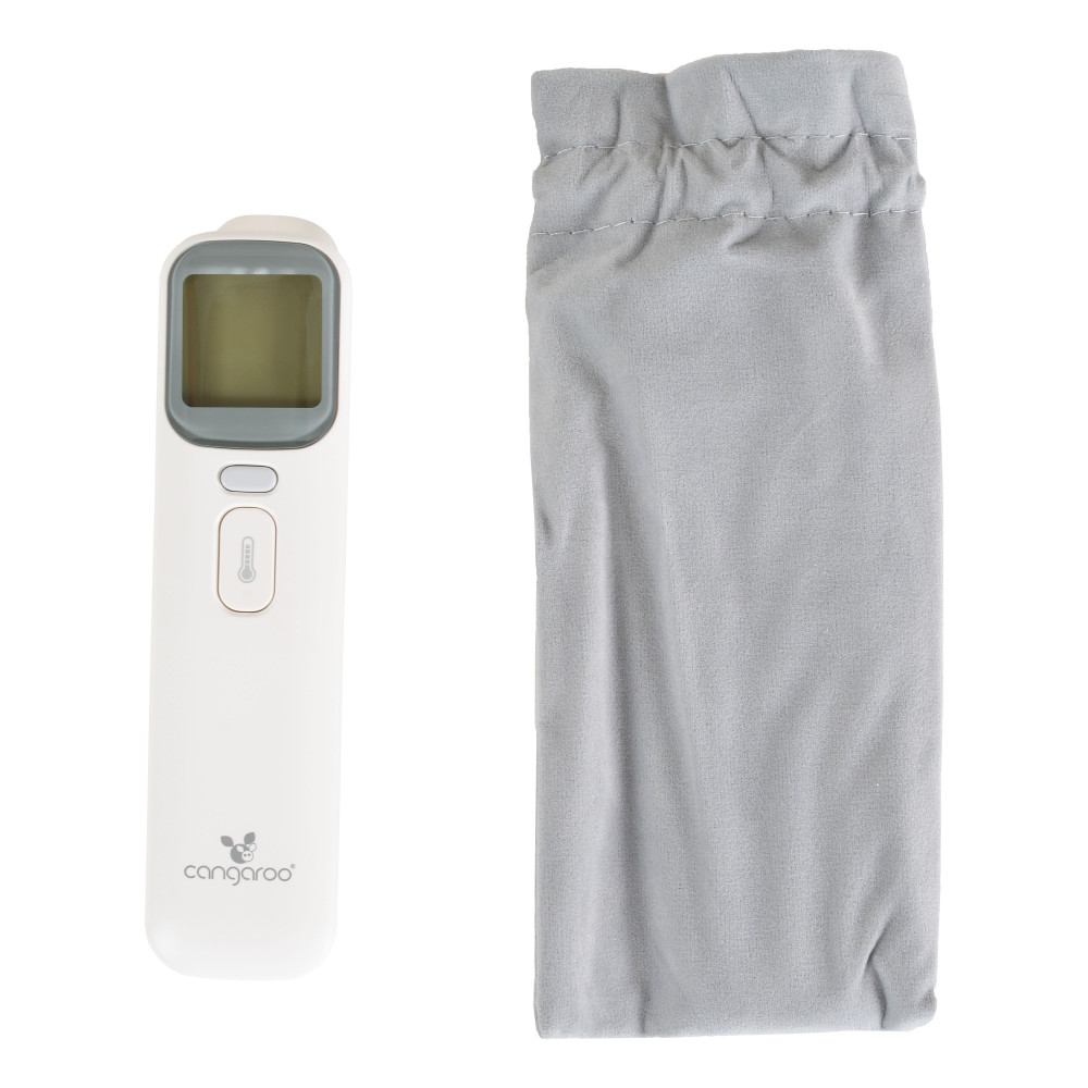 Η φωτογραφία δείχνει Το θερμόμετρο υπερύθρων Theo χωρίς επαφή της Cangaroo παρέχει γρήγορη, ακριβή και ασφαλή μέτρηση θερμοκρασίας για το μωρό σας ή για οικιακά αντικείμενα.