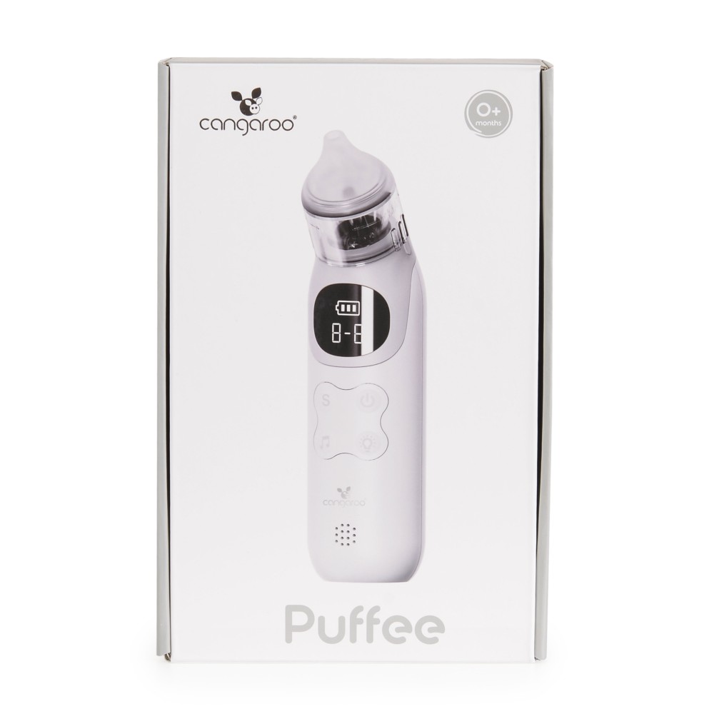 Η φωτογραφία δείχνει Το Puffee, Cangaroo, είναι ένας ηλεκτρικός ρινικός αποφρακτήρας σχεδιασμένος για εύκολο, απαλό και αποτελεσματικό καθαρισμό των ρινικών εκκρίσεων.