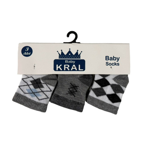 ΒΡΕΦΙΚΕΣ ΚΑΛΤΣΕΣ ΛΕΥΚΟ ΓΚΡΙ ΚΑΡΟ 3 ΤΕΜ KRAL19001-SQUARE-GREY