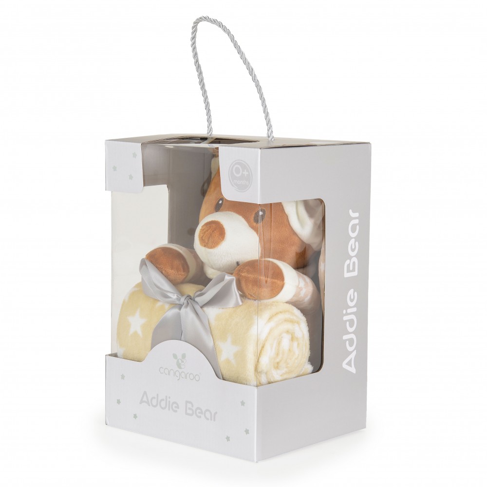 Σετ δώρου που αποτελείται απο κουβέρτα αγκαλιάς σε διαστάσεις 75/90cm και βελούδινο αρκουδάκι ύψους 24 εκατ.