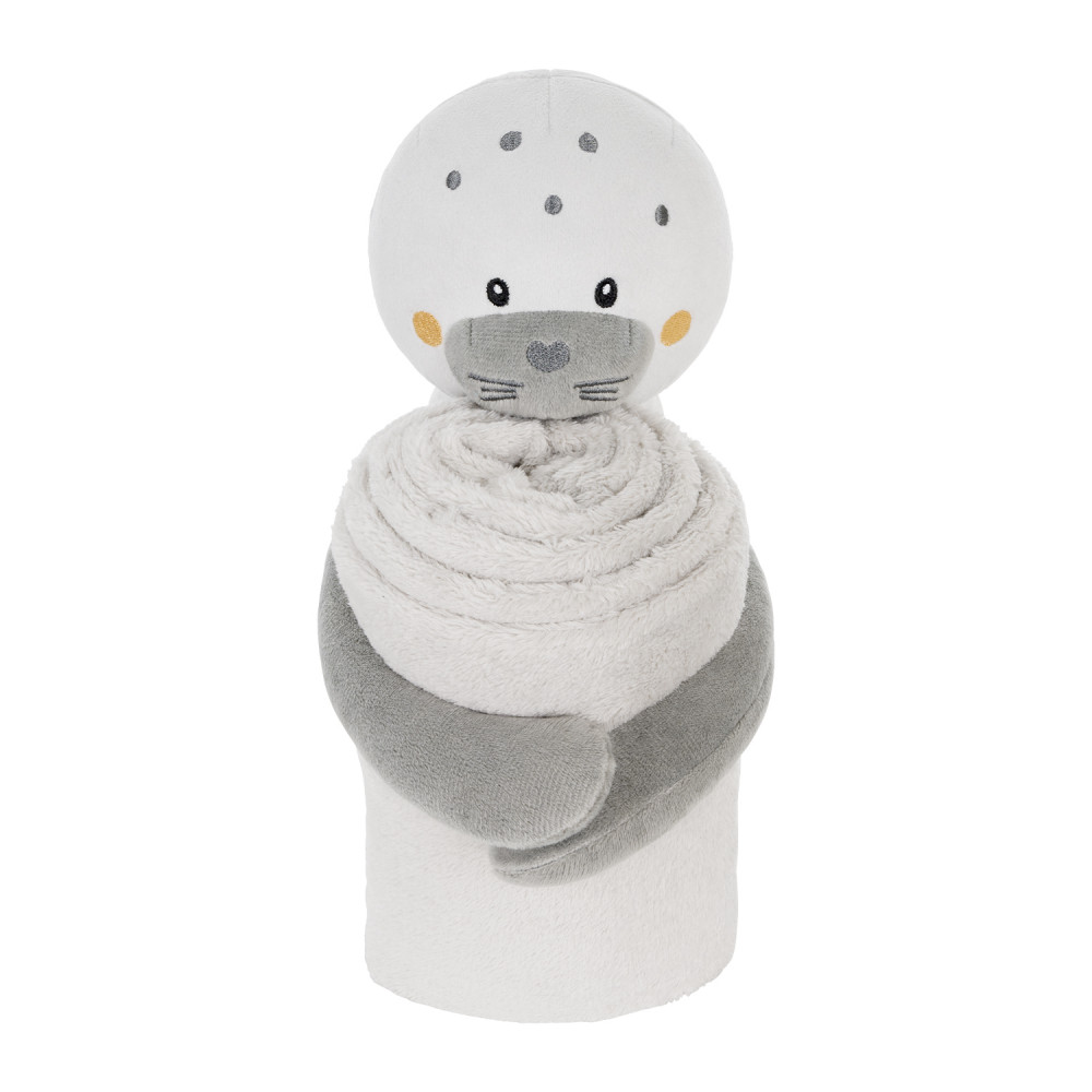 Η φωτογραφία δείχνει Βελούδινο σετ δώρου που αποτελείται από βρεφική κουβέρτα αγκαλιάς και ένα μαλακό λούτρινο παιχνίδι.