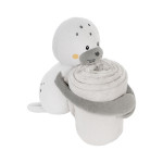 Η φωτογραφία δείχνει Βελούδινο σετ δώρου που αποτελείται από βρεφική κουβέρτα αγκαλιάς και ένα μαλακό λούτρινο παιχνίδι.