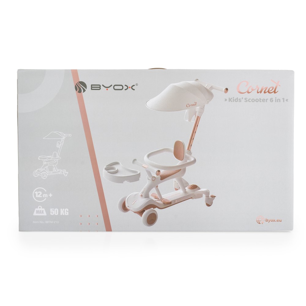Η φωτογραφία δείχνει Πολυλειτουργικό Scooter Cornet 6 σε 1 – Μεγαλώνει μαζί με το παιδί σας!Το Cornet 6 σε 1 από την Byox είναι μια καινοτόμος λύση σχεδιασμένη να συνοδεύει το παιδί σας σε όλα τα στάδια ανάπτυξης – από τα πρώτα βήματα μέχρι την ανεξάρτητη οδήγηση σκούτερ.