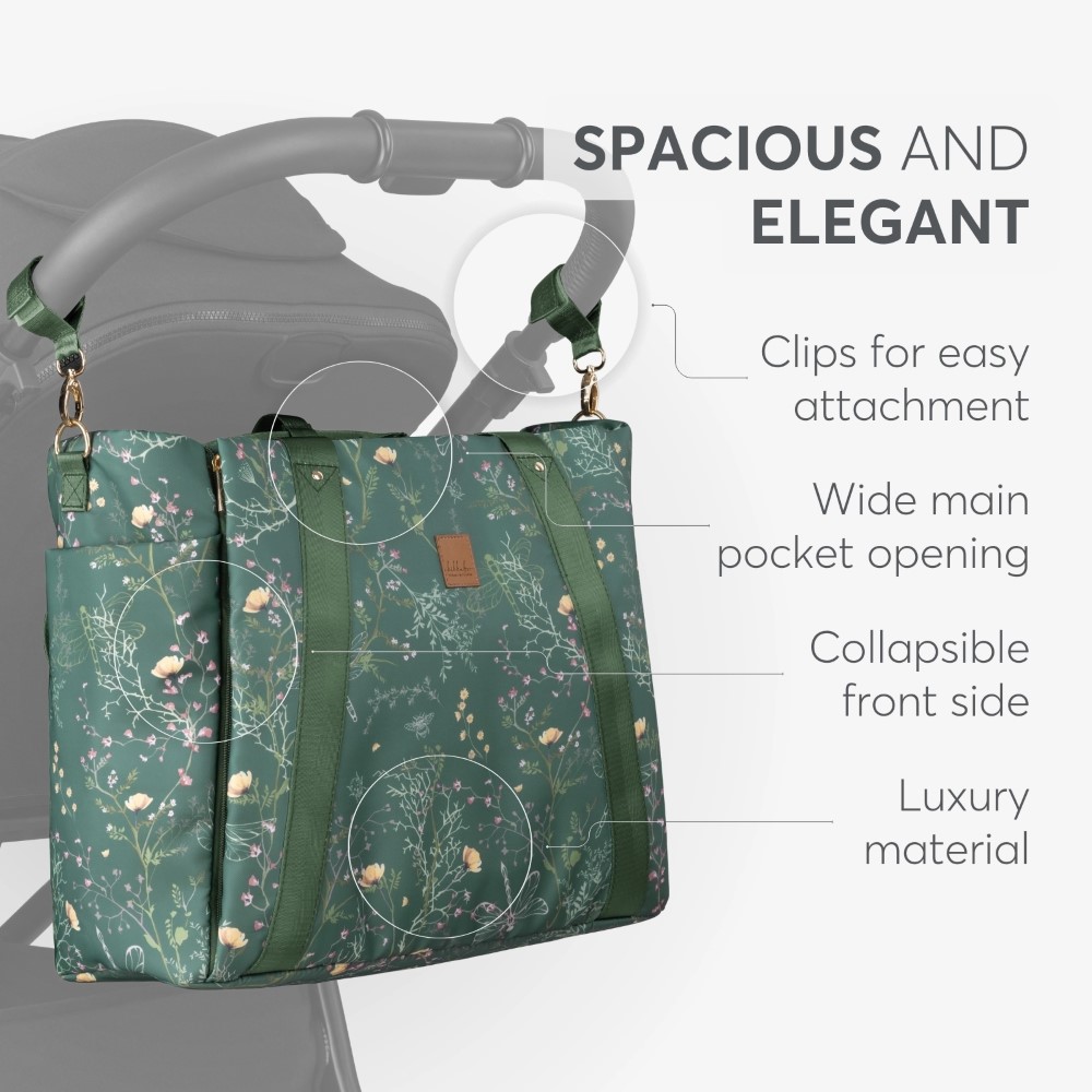 Η φωτογραφία δείχνει Μείνετε κομψοί και οργανωμένοι σε κάθε σας έξοδο με τη μαμά τσάντα FLORENCE!  Σχεδιασμένη για σύγχρονους γονείς, αυτή η πολυτελής τσάντα συνδυάζει τη λειτουργικότητα με ένα πολύχρωμο ντιζάιν στάμπα, διασφαλίζοντας ότι όλα τα απαραίτητα για το μωρό είναι οργανωμένα και προσι