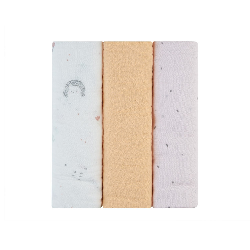 • Σετ 3 τεμαχίων μαλακές και απαλές πάνες μουσελίνας.