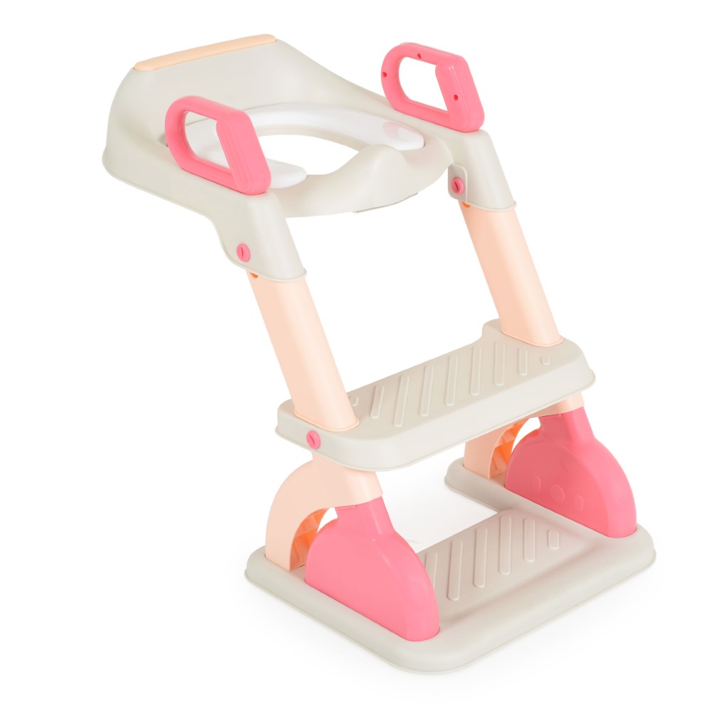 Η φωτογραφία δείχνει Εκπαιδευτικό κάθισμα τουαλέτας με σκάλα που επιτρέπει στα μικρά παιδιά να χρησιμοποιούν μια τυπική τουαλέτα ανεξάρτητα, παρέχοντάς τους άνεση, αυτοπεποίθηση και βοηθώντας τους να αναπτύξουν καλές συνήθειες υγιεινής.