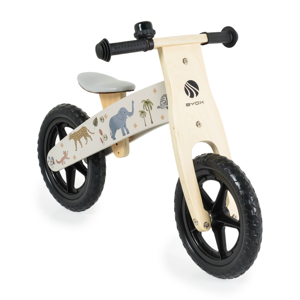 Ξύλινο ποδήλατο ισορροπίας σε ευχάριστα μοτίβα ζώων.