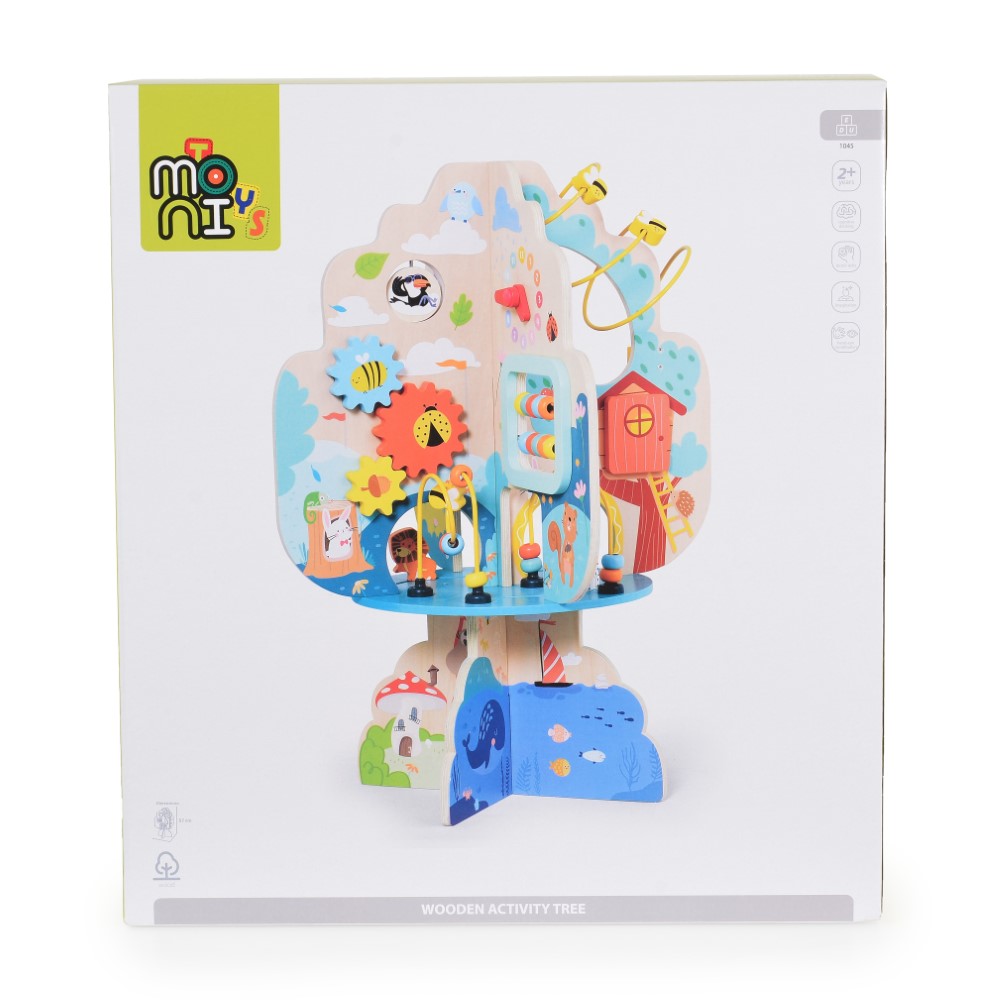 Η φωτογραφία δείχνει Ξύλινο παιχνίδι σε σχήμα δέντρου με πολλαπλές δραστηριότητες.