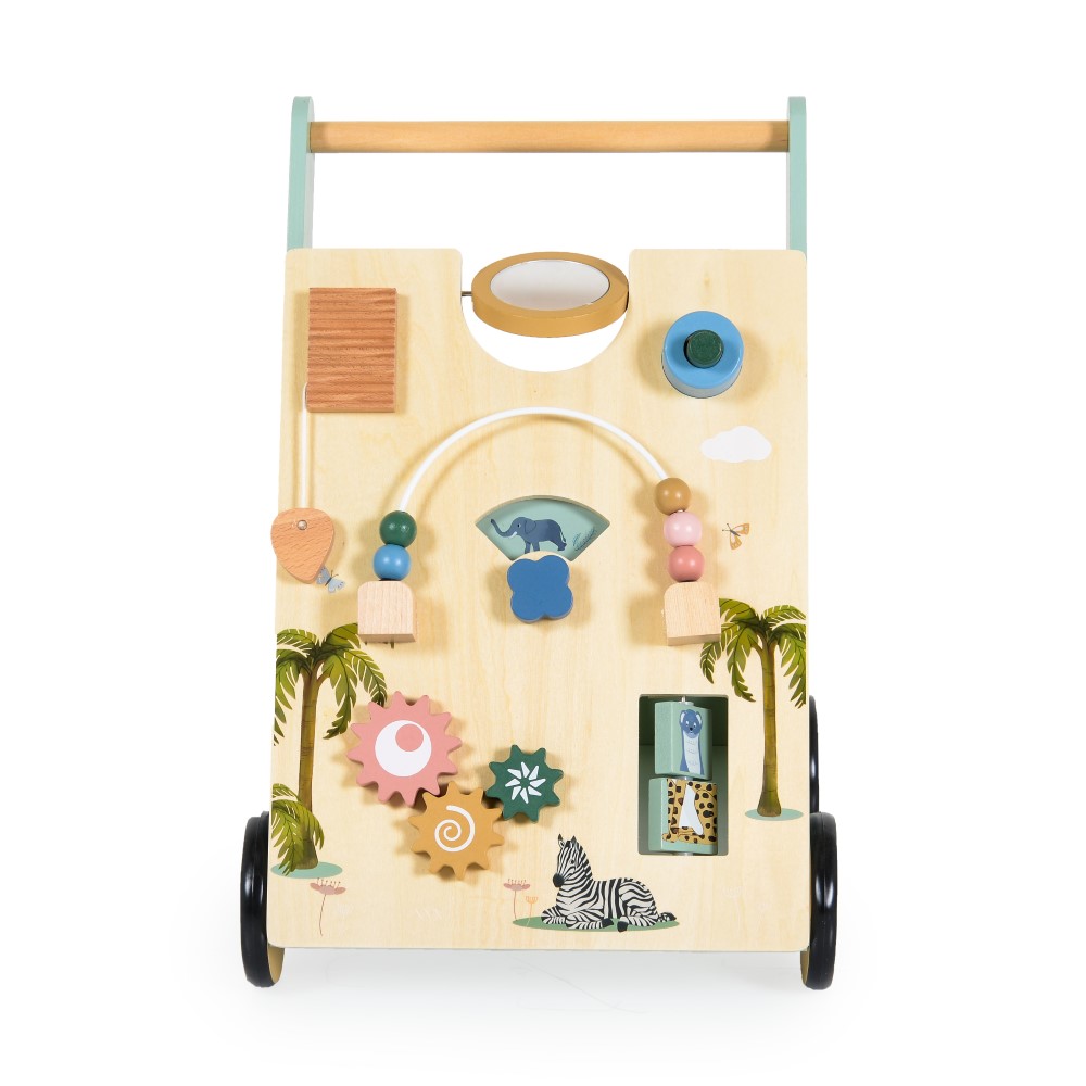 Η φωτογραφία δείχνει Ξύλινη περπατούρα με 9 διαφορετικές δραστηριότητες παιχνιδιού.