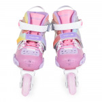 Inline Skates με τετραπλούς τροχούς κατάλληλα για αρχάριουςΚέλυφος: Υψηλής πρόσκρουσης PPΚαπάκι δακτύλων/μανσέτα: Υψηλής πρόσκρουσης PP με γκλίτερΚλείσιμο: ρυθμιζόμενες πόρπεςΜπότες επένδυσης: ντεγκραντέ χρώμα γκλίτερ + αναπνεύσιμο βελούδο με επένδυση από αφρώδες υλικό έως και υλικό έγχυσης (SS2mm P