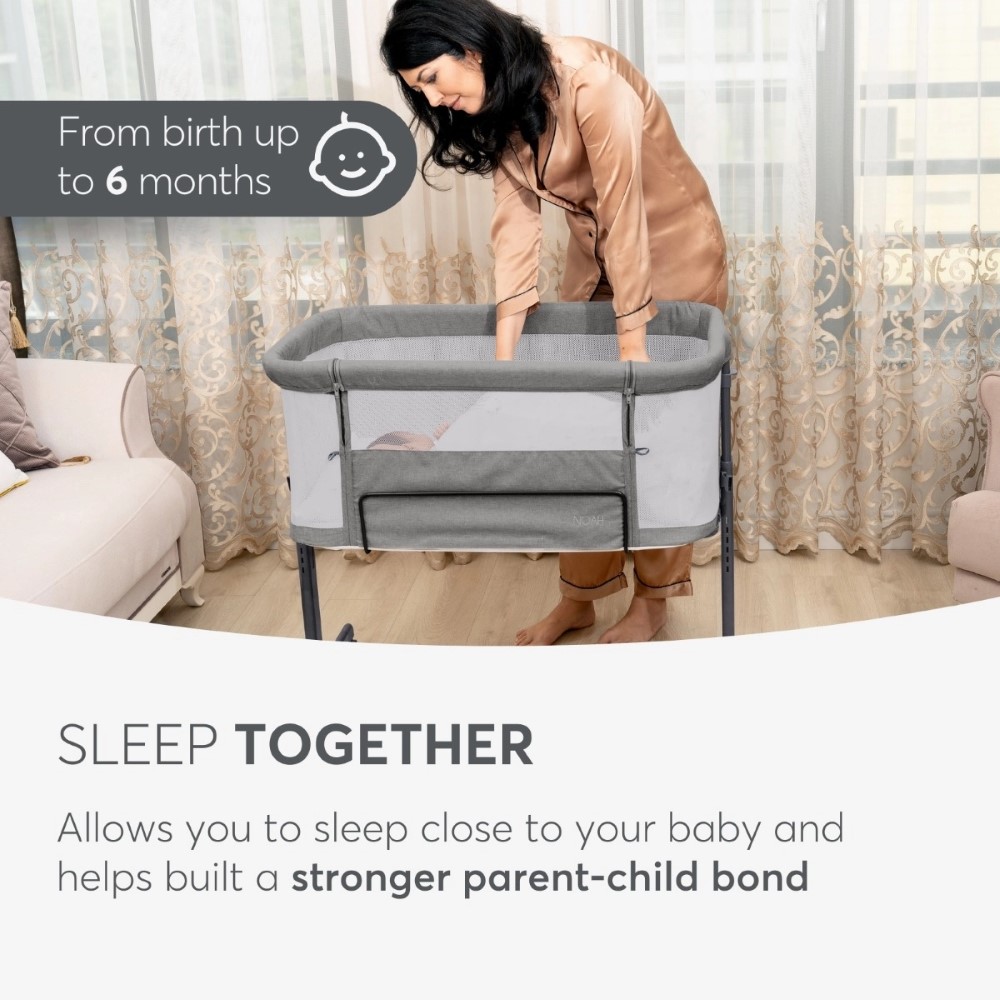 Το Bedside Crib NOAH είναι σχεδιασμένο για βρέφη από τη γέννηση έως 6 μηνών, παρέχοντας ένα ασφαλές, άνετο μέρος ακριβώς δίπλα στο κρεβάτι σας βοηθώντας τόσο τους γονείς όσο και το μωρό να επιτύχουν έναν ήσυχο και εύκολο νυχτερινό ύπνο.
