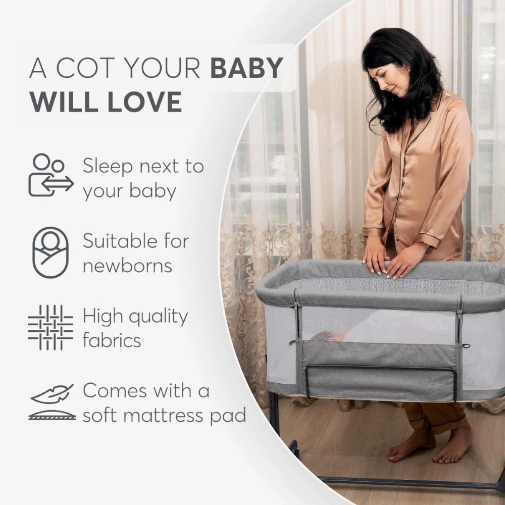 Το Bedside Crib NOAH είναι σχεδιασμένο για βρέφη από τη γέννηση έως 6 μηνών, παρέχοντας ένα ασφαλές, άνετο μέρος ακριβώς δίπλα στο κρεβάτι σας βοηθώντας τόσο τους γονείς όσο και το μωρό να επιτύχουν έναν ήσυχο και εύκολο νυχτερινό ύπνο.