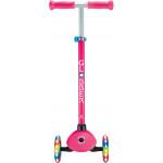 Globber Scooter Primo Lights V2 Fuchsia (423-610-4)Πατενταρισμένο κουμπί κλειδώματος τιμονιού που σταθεροποιεί το σύστημα διεύθυνσης των δύο μπροστινών τροχών ώστε να κινείται μόνο προς τα εμπρός και προς τα πίσω, βοηθώντας τα παιδιά να μάθουν να ισορροπούν.