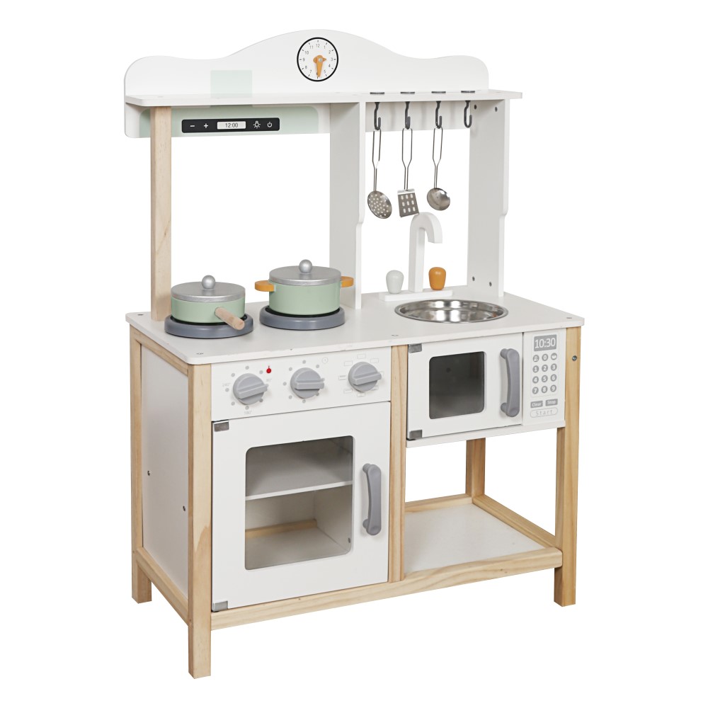 Η φωτογραφία δείχνει Η ξύλινη παιδική κουζίνα Nana της Moni Toys είναι η ιδανική επιλογή για μικρούς σεφ που λατρεύουν τα παιχνίδια ρόλων και τις γαστρονομικές περιπέτειες! Συνδυάζοντας κομψό σχεδιασμό, ρεαλιστικές λεπτομέρειες και ποιοτική κατασκευή, προσφέρει ώρες δημιουργικής και ευφάνταστης διασ