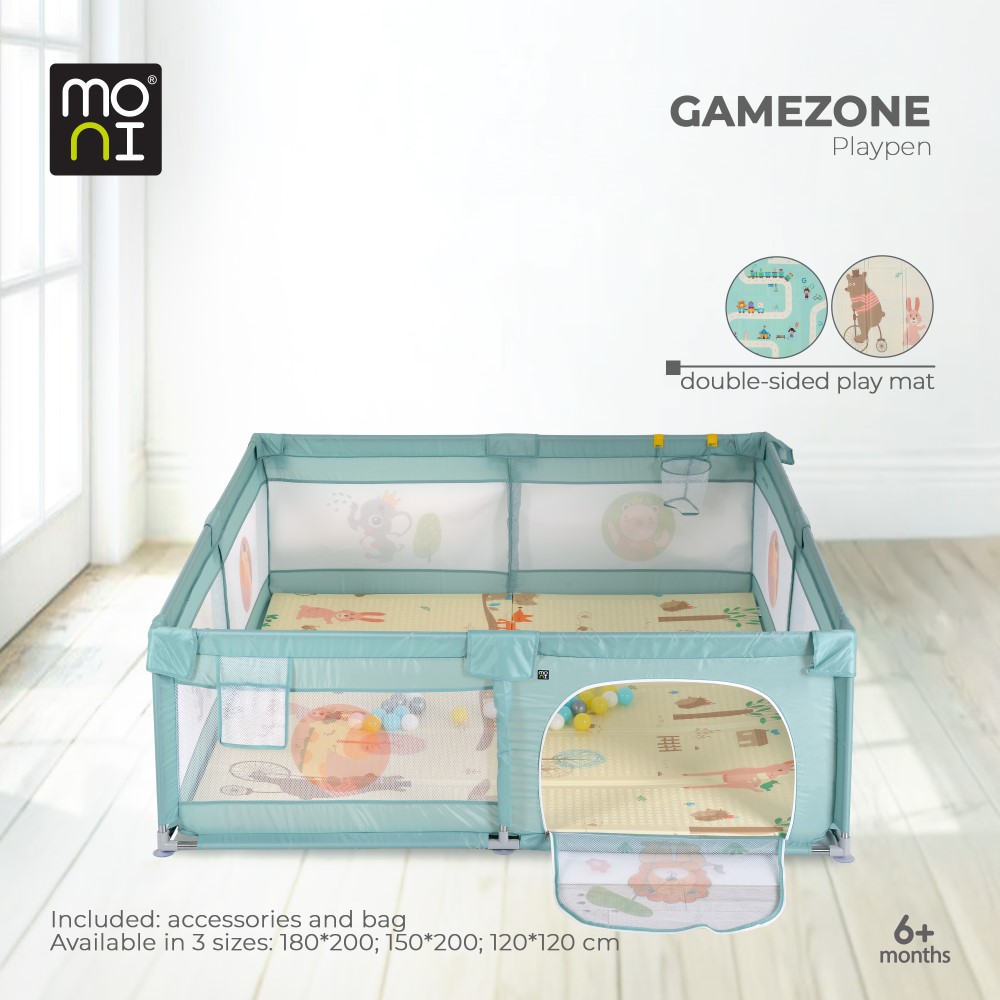 Η φωτογραφία δείχνει Το σετ παρκοκρέβατου GameZone της Moni έχει σχεδιαστεί για παιδιά ηλικίας 6 έως 36 μηνών, παρέχοντας ένα ασφαλές, άνετο και διασκεδαστικό περιβάλλον παιχνιδιού.