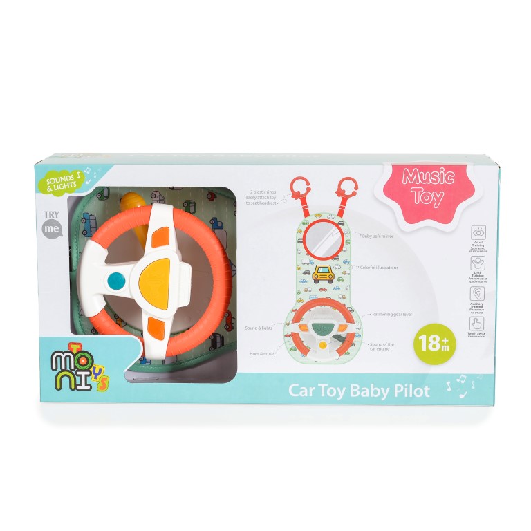 Η φωτογραφία δείχνει Moni Κρεμαστό Παιχνίδι Αυτοκινήτου Car toy Baby Pilot HE0623 3800146224318Ενσωματώνει ένα πολύχρωμο τιμόνι και λεβιέ ταχυτήτων με φώτα, ήχους αυτοκινήτων, υπέροχες μελωδίες και ένα μεγάλο ασφαλή καθρέφτη για μωρά.