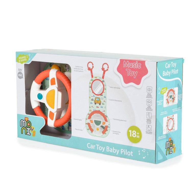 Η φωτογραφία δείχνει Moni Κρεμαστό Παιχνίδι Αυτοκινήτου Car toy Baby Pilot HE0623 3800146224318Ενσωματώνει ένα πολύχρωμο τιμόνι και λεβιέ ταχυτήτων με φώτα, ήχους αυτοκινήτων, υπέροχες μελωδίες και ένα μεγάλο ασφαλή καθρέφτη για μωρά.