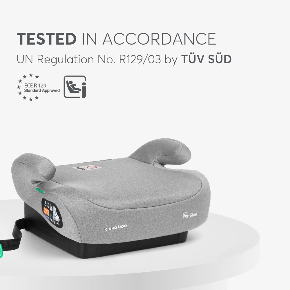 Η φωτογραφία δείχνει i-SIZE (125-150 cm)Κατάλληλο προς τα εμπρός από 125 έως 150 cmΤοποθέτηση ζώνης ασφαλείας αυτοκινήτουΓάντζος μισοφέγγαρου που εμποδίζει το παιδί να πνιγεί όταν χρησιμοποιεί τη ζώνηΜαλακό και άνετο κάθισμαΔοκιμασμένο σύμφωνα με τον Κανονισμό των Ηνωμένων Εθνών Αρ.