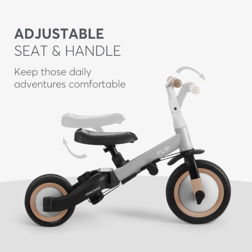 Η φωτογραφία δείχνει Το Flip είναι ένα πολυλειτουργικό τρίκυκλο που μπορεί να χρησιμοποιηθεί με 5 διαφορετικούς τρόπους - Push Mode, Tricycle, Balance Bike και Bike, προσφέροντας στα παιδιά περισσότερη διασκέδαση και άνεση εν κινήσει.