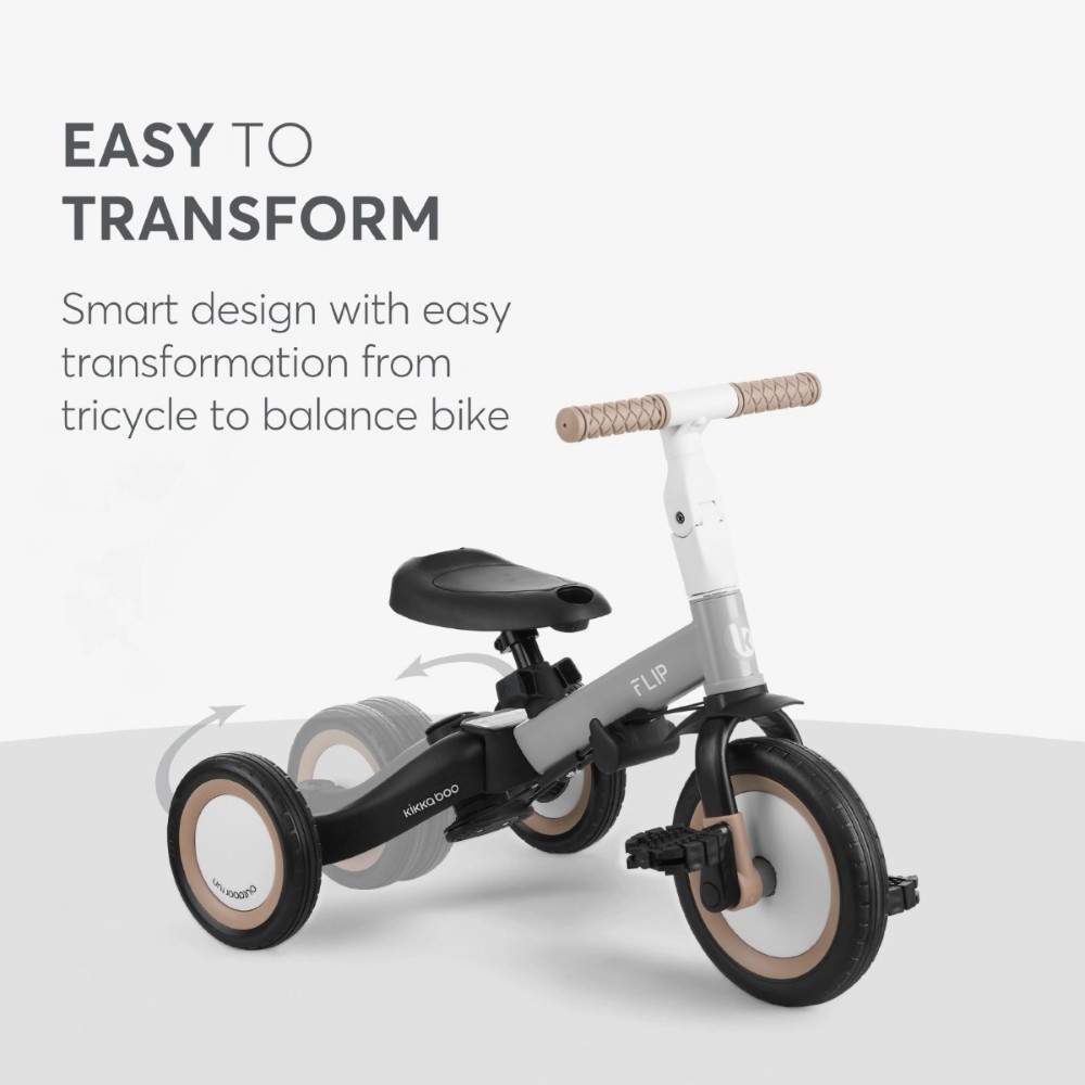 Η φωτογραφία δείχνει Το Flip είναι ένα πολυλειτουργικό τρίκυκλο που μπορεί να χρησιμοποιηθεί με 5 διαφορετικούς τρόπους - Push Mode, Tricycle, Balance Bike και Bike, προσφέροντας στα παιδιά περισσότερη διασκέδαση και άνεση εν κινήσει.