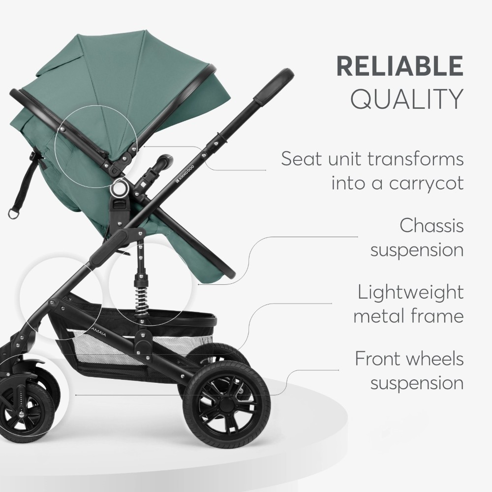 Η φωτογραφία δείχνει To νέο καρότσι Amaia 3σε1 της εταιρείας Kikka Boo, με ρυθμιζόμενο προσανατολισμό θέσης, κατάλληλο από νεογέννητο.