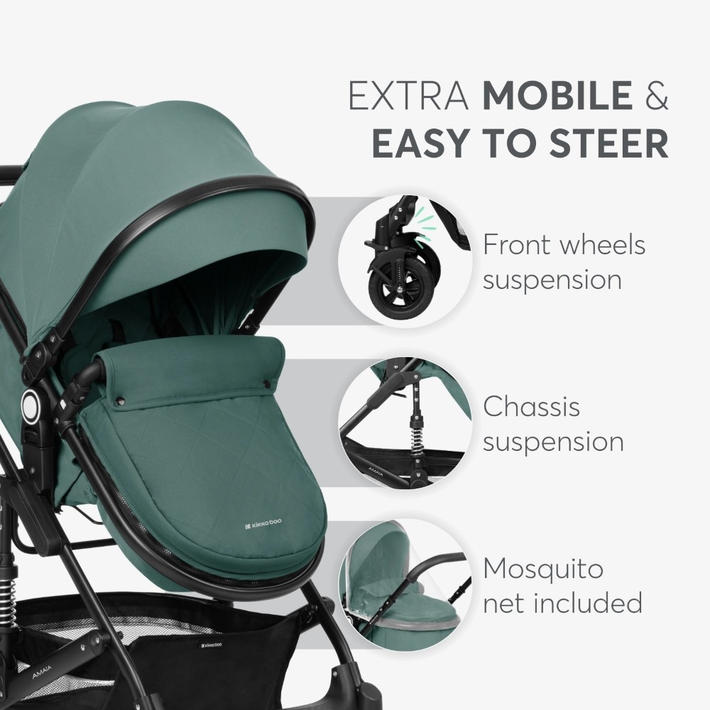 Η φωτογραφία δείχνει To νέο καρότσι Amaia 3σε1 της εταιρείας Kikka Boo, με ρυθμιζόμενο προσανατολισμό θέσης, κατάλληλο από νεογέννητο.