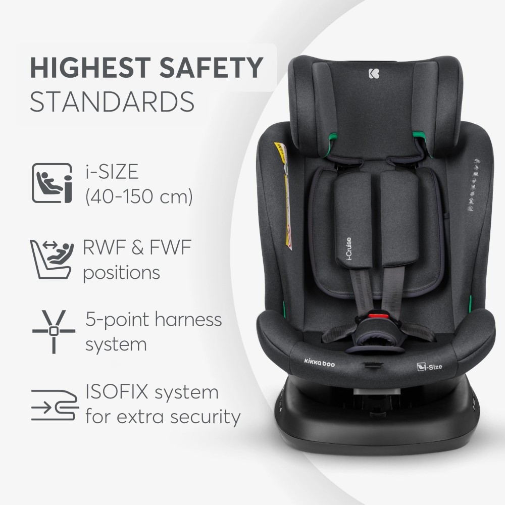 i-SIZE (40-150 cm)Κατάλληλη φορά προς τα πίσω από 40 έως 105 cmΚατάλληλη φορά προς τα εμπρός από 76 έως 150 cm4 θέσεις ανάκλισης καθίσματος προς τα εμπρός και 1 θέση ανάκλισης καθίσματος με όψη προς τα πίσωΠεριστροφή 360 μοιρών του καθίσματοςTop tether Κορυφαίος ιμάντας πρόσδεσης για επιπλέον ασφάλε