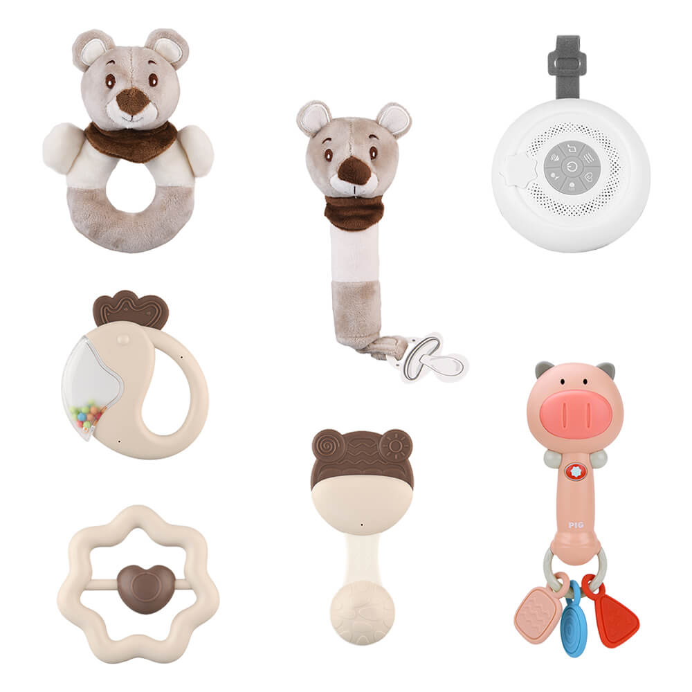 Το σετ διαθέτει λάμπα νυκτός, μασητικά και κουδουνίστρες (μαλακές και μη), καθώς και μια κουδουνίστρα με δυνατότητα να κρεμάσετε τη πιπίλα του μωρού σας.