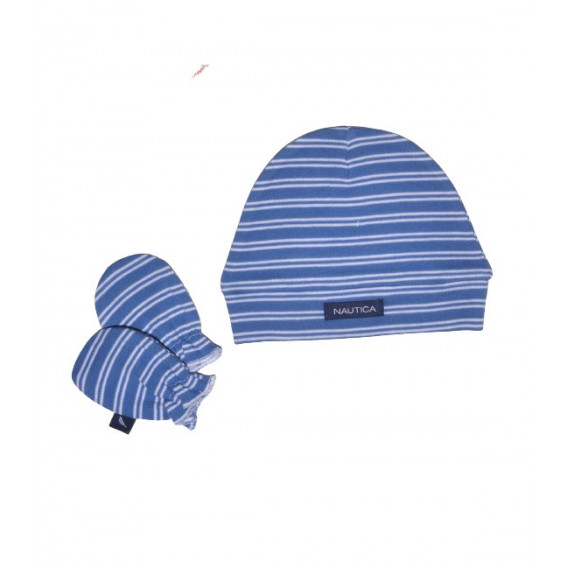 Η φωτογραφία δείχνει NAUTICA DES 24 ΣΕΤ ΣΚΟΥΦΑΚΙ & 2 ΓΑΝΤΑΚΙΑ ΜΠΛΕ ΜΕ ΛΕΥΚΗ ΡΙΓΑ.