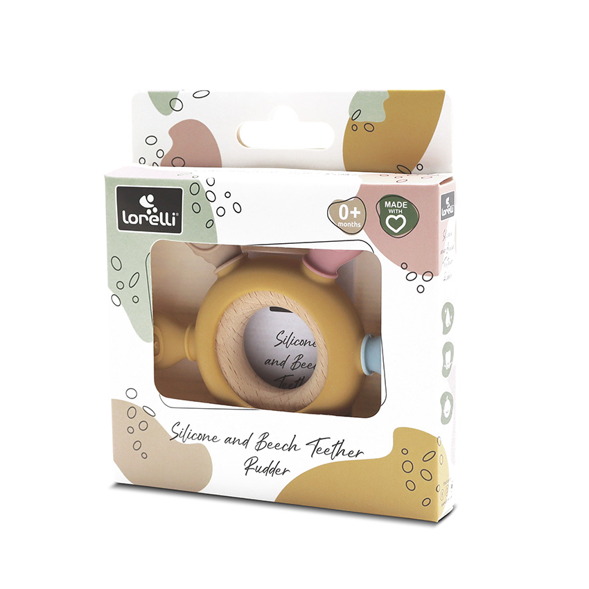 Η φωτογραφία δείχνει Μασητικό οδοντοφυίας κατασκευασμένο απο σιλικόνη και ξύλο οξιάς.