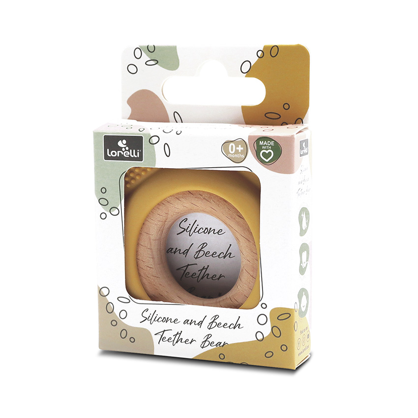 Η φωτογραφία δείχνει Μασητικό οδοντοφυίας κατασκευασμένο απο σιλικόνη και ξύλο οξιάς.