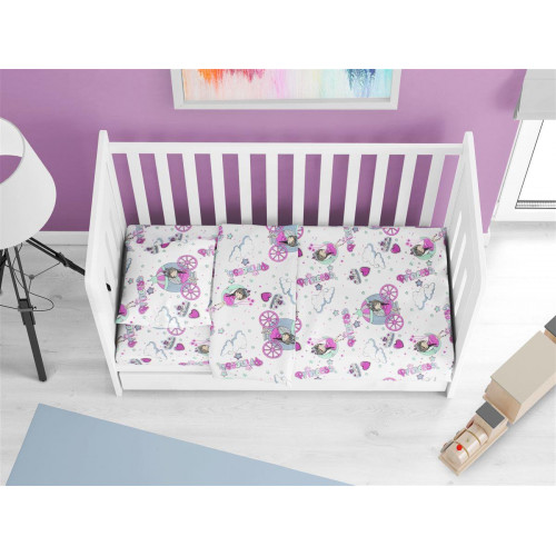 DIMCOL Σεντόνια Εμπριμέ Σετ 3 τεμ bebe Princess 389 120X160 White-Lila 70/30 Cott/Pol 31312221006