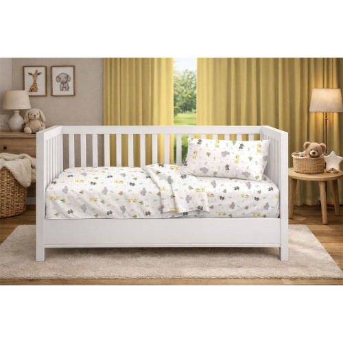 Dimcol Κατωσέντονο Με Λάστιχο bebe Happy Safari 713 0,70X1,40X0,15 White-Grey 100% Cotton 31112019081