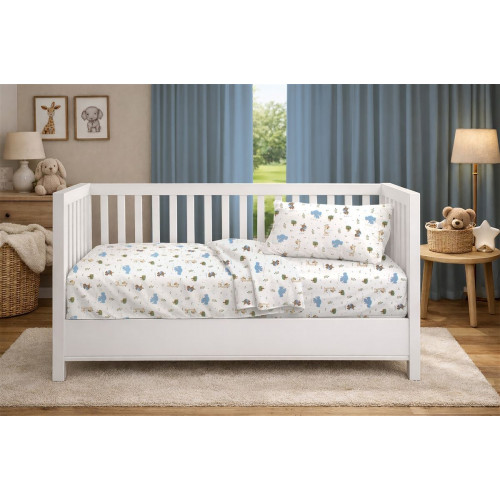 Dimcol Σεντόνια Εμπριμέ Σετ 3 τεμ bebe Happy Safari 711 120X160 White-Sky Blue 100% Cotton 31112221079