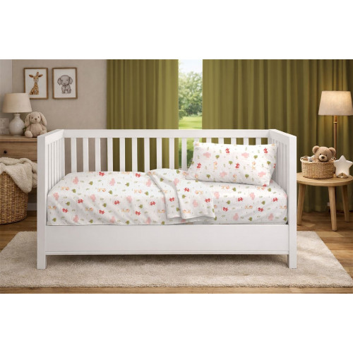 Dimcol Σεντόνια Εμπριμέ Σετ 3 τεμ bebe Happy Safari 712 120X160 White-Pink 100% Cotton 31112221080
