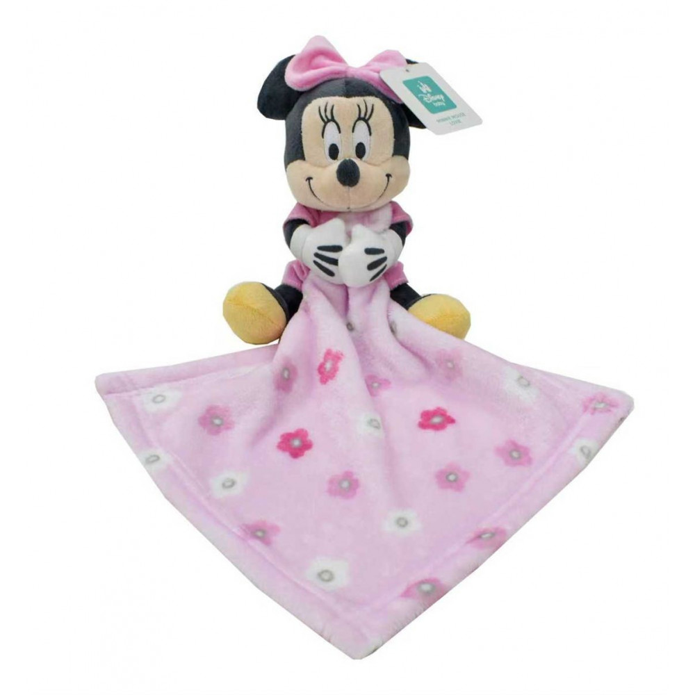 Λούτρινο Disney Home Minnie ύψους 25 cm με πανάκι παρηγοριάς (doudou) coral fleece με εμπριμέ σχέδιο στην αγκαλιά του, διαστάσεων 30X30 cm.