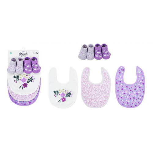 Dimcol Σαλιάρα Interlock & Επένδυση Terry με Velcro bebe Σετ 5 Τεμ. Flowers 27 30X20 White-Lilac 60/40 Cott/Pol 31300702010