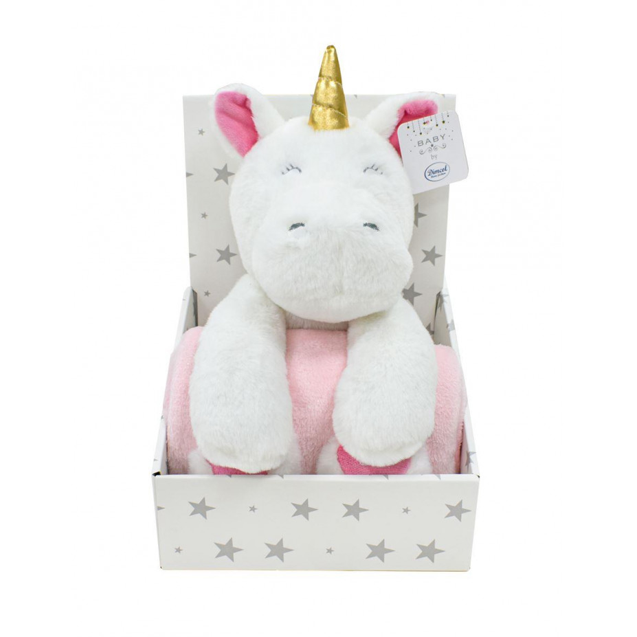 Dimcol Λούτρινο Ζωάκι Σετ 2 Τεμ. bebe Unicorn 02 Ύψος 25 cm & Κουβέρτα Coral Fleece 75X90 cm White-Pink 100% Polyester 31421829002