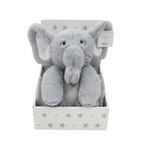 Dimcol Λούτρινο Ζωάκι Σετ 2 Τεμ. bebe Elephant 03 Ύψος 25 cm & Κουβέρτα Coral Fleece 75X90 cm Grey 100% Polyester 31421829003