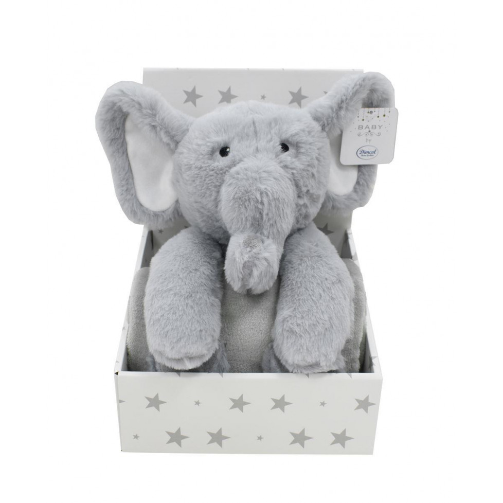 Dimcol Λούτρινο Ζωάκι Σετ 2 Τεμ. bebe Elephant 03 Ύψος 25 cm & Κουβέρτα Coral Fleece 75X90 cm Grey 100% Polyester 31421829003